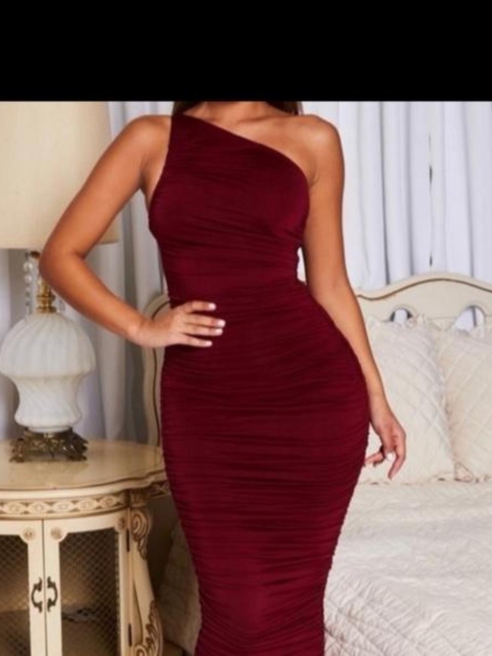 Oh Polly One-Shoulder Ruched Midi Dress in Wine